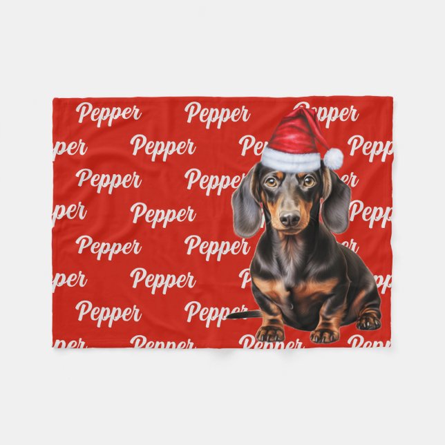 Cobertor De Velo Smooth Dachshund Santa Dog Custom Name Christmas (Frente (Horizontal))