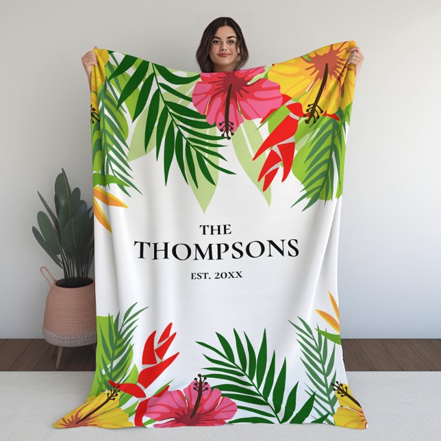 Cobertor De Velo Sobrenome Personalizado de Folhas Tropicais e Flor (Tropical Leaves and Flowers Custom Last Name Fleece Blanket)