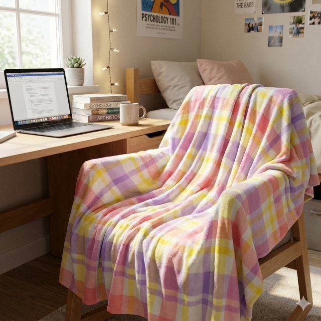Cobertor De Velo Soft and Cozy Pastel Plaid Pink Lavender Yellow (Soft fleece comfort meets pastel charm—your cozy dorm essential for study, sleep, and style.)