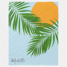 Sol Tropical Retro Folhas de Palmeira Azul Nome Mí