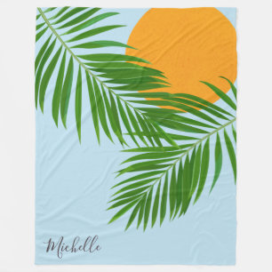 Cobertor De Velo Sol Tropical Retro Folhas de Palmeira Azul Nome Mí