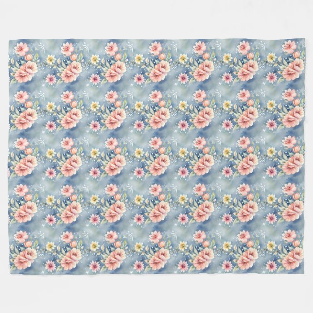 Cobertor De Velo Sonho Contemporâneo Rosa e Azul Floral (Frente (Horizontal))