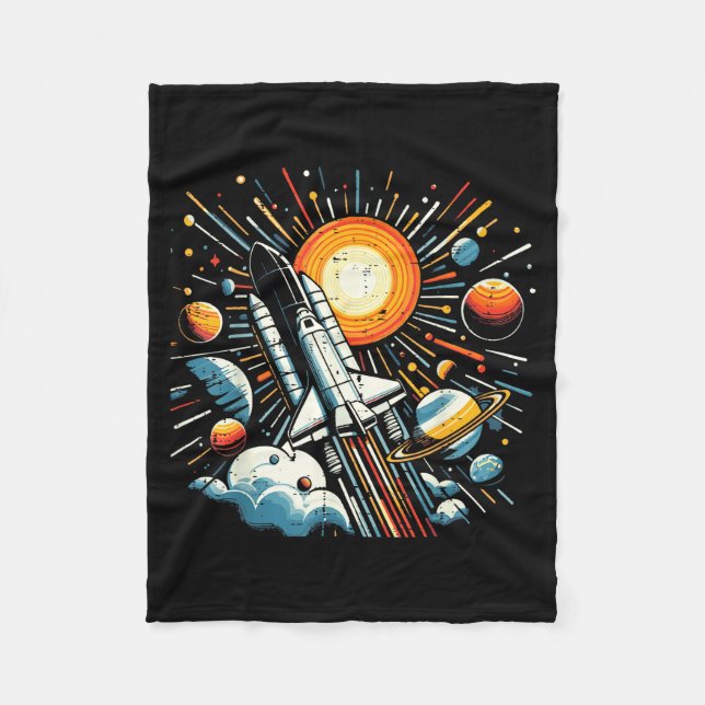 Cobertor De Velo Space Shuttle Sun Planets Rocket Galaxy Boys Kids  (Frente)