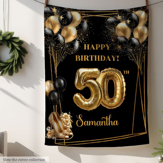 Cobertor De Velo Sparkly Confetti 50º Aniversário Blanket Negro Dou (Sparkly Confetti 50th Birthday Blanket Black Gold)
