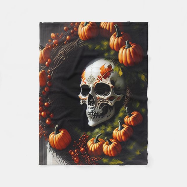 Cobertor De Velo Spooky Skull and Pumpkin Wreath (Frente)