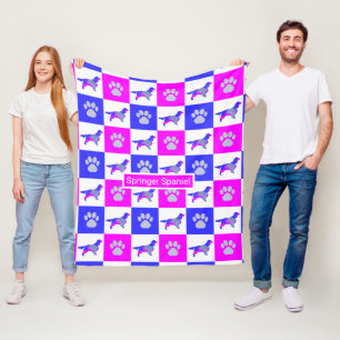 Cobertor De Velo Springer Spaniel Dog & Paw Print Hot Pink e Blue
