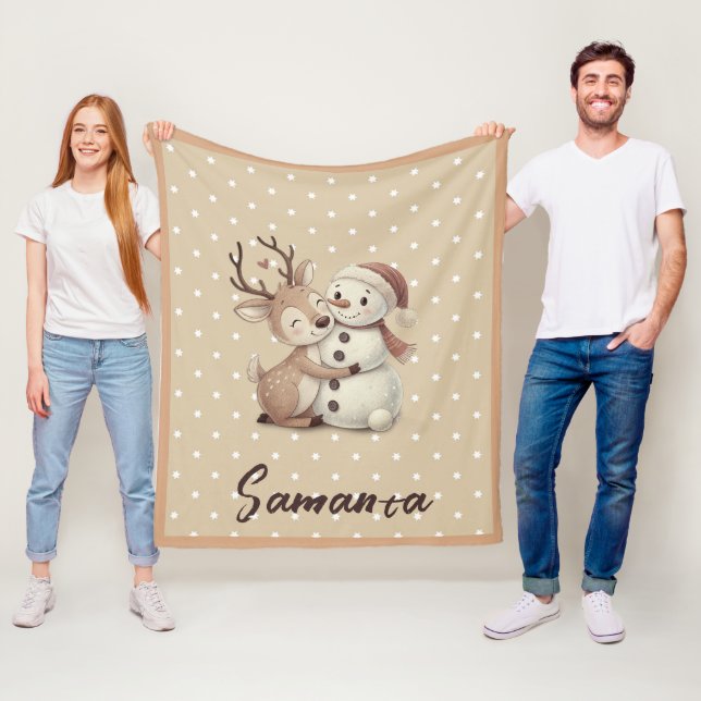 Cobertor De Velo Star pattern reindeer snowman blue beige name (In Situ)