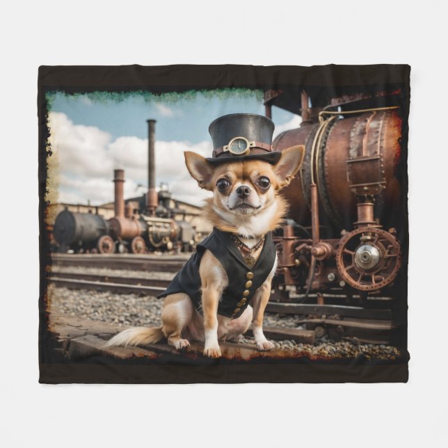 Cobertor De Velo Steampunk Chihuahua e Train (Frente (Horizontal))