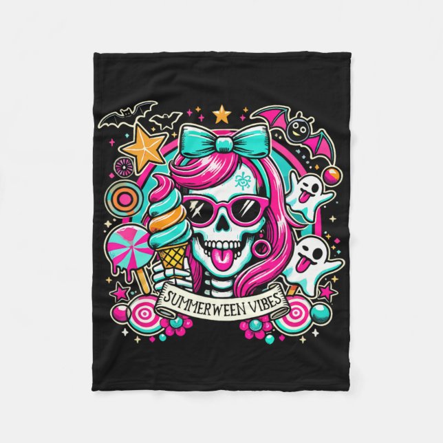 Cobertor De Velo Summerween Vibes Skeleton Spooky Vacation Hallowee (Frente)