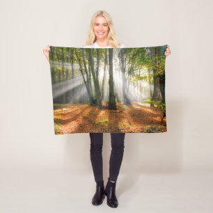 Cobertor De Velo Sunbeams em uma floresta de faia nebulosa no outon