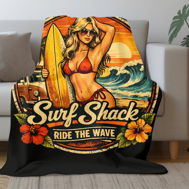 Cobertor De Velo Surf Shack Surfer Pin-Up | Ride The Waves Beach (Criador carregado)