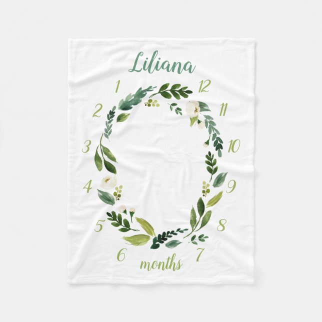 Cobertor De Velo Sweet Greenery Baby Name Monthly Milestone Foto (Frente)
