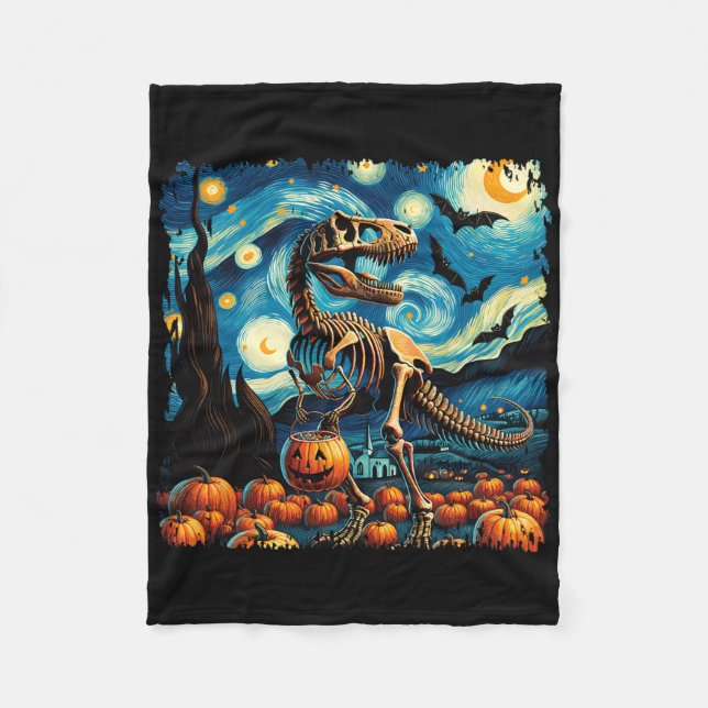 Cobertor De Velo T-rex Skeleton Halloween Van Gogh Starry Night Fal (Frente)