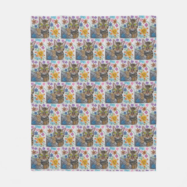 Cobertor De Velo Tabby cat and flowers blanket  (Frente)