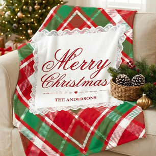 Cobertor De Velo Tartan de Natal Vermelho Verde com Nome da Família