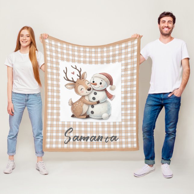 Cobertor De Velo Tartan plaid reindeer snowman  beige white name (In Situ)