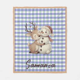 Cobertor De Velo Tartan plaid reindeer snowman blue beige name