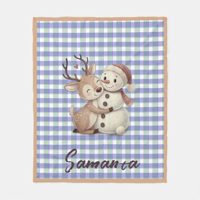 Cobertor De Velo Tartan plaid reindeer snowman blue beige name (Frente)