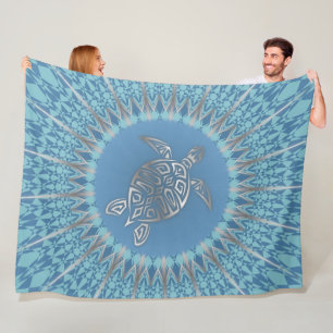 Cobertor De Velo Tartaruga Marinha Azul Prata e Mandala