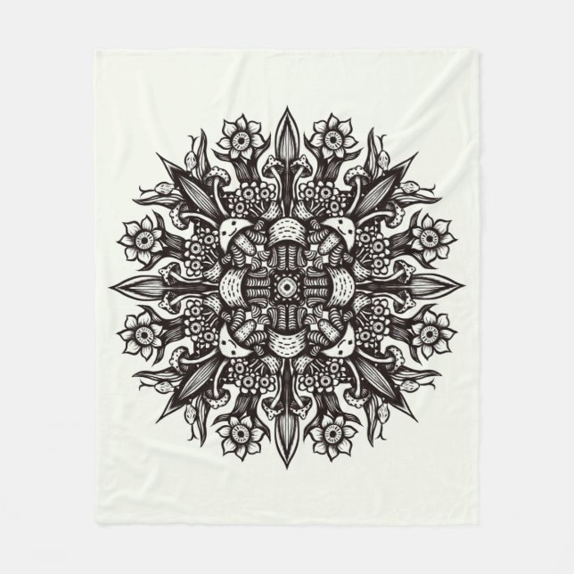 Cobertor De Velo Tatuagem de cogumelo branco preto mandala (Frente)