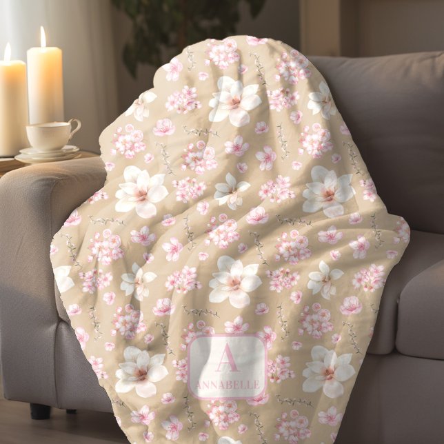 Cobertor De Velo Tcherry Blossom Primavera Monograma Rosa bege (Cherry Blossom Spring Monogram Beige Pink Fleece Blanket)