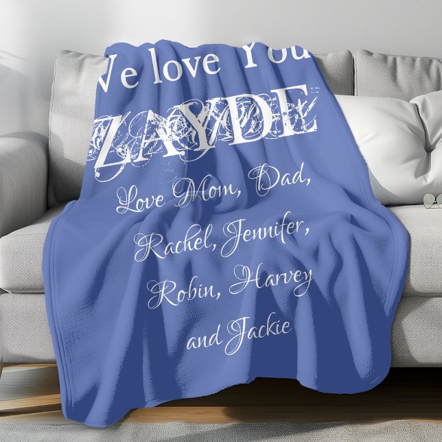 Cobertor De Velo Te Amo Zayde Vovô, Nomes de Script Clássicos Azul ('We Love You ZAYDE' personalized soft blue fleece blanket.)