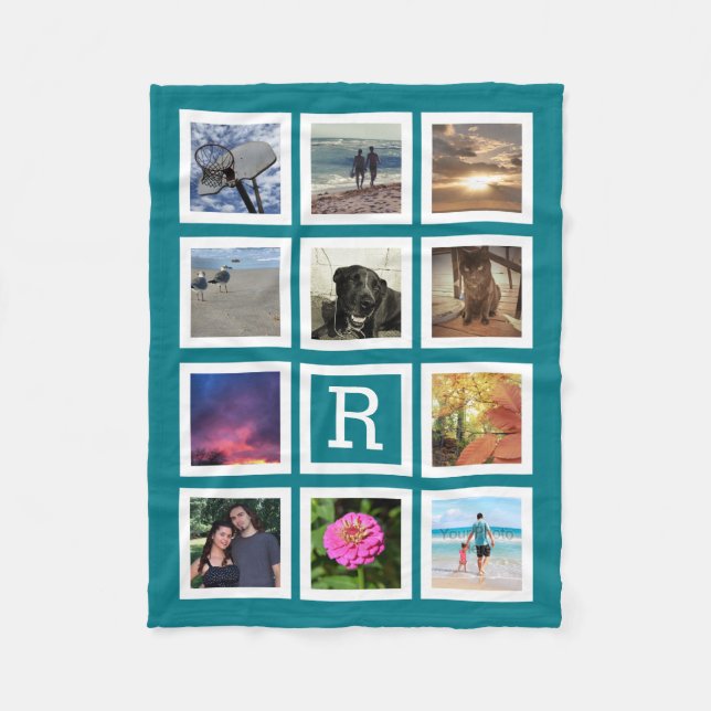 Cobertor De Velo Teal 11 Foto Collage Mosaic Square Frame Monograma (Frente)