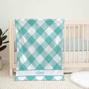 Cobertor De Velo Teal and White Gingham Plaid Personalized