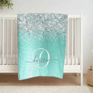 Cobertor De Velo Teal Brugado Metal Silver Glitter Nome Monograma