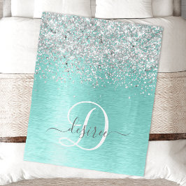 Cobertor De Velo Teal Brugado Metal Silver Glitter Nome Monograma