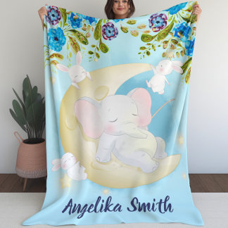 Cobertor De Velo Teal Elephant Crescent Moon Personalize Name