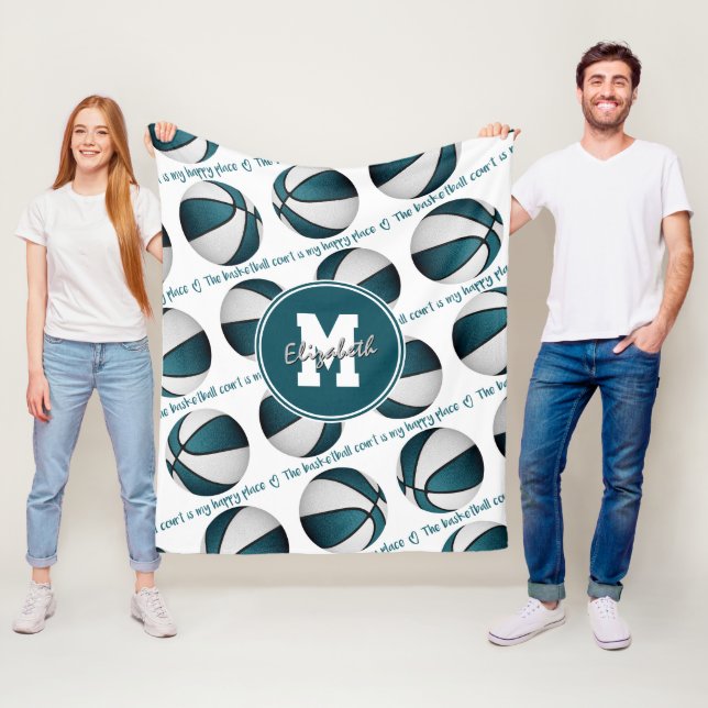 Cobertor De Velo Teal White O campo de basquete é meu lugar feliz (In Situ)