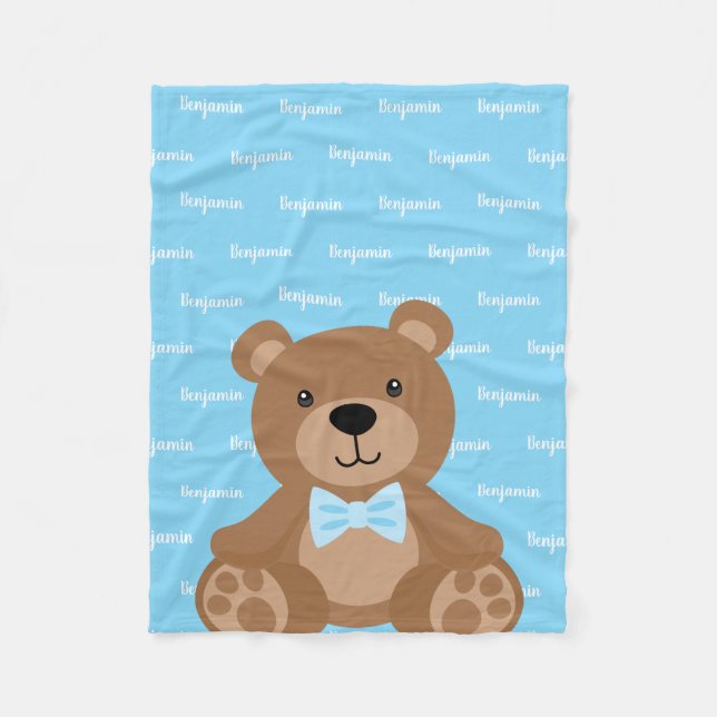 Cobertor De Velo Teddy Bear Personalizado Blue Name Boy (Frente)