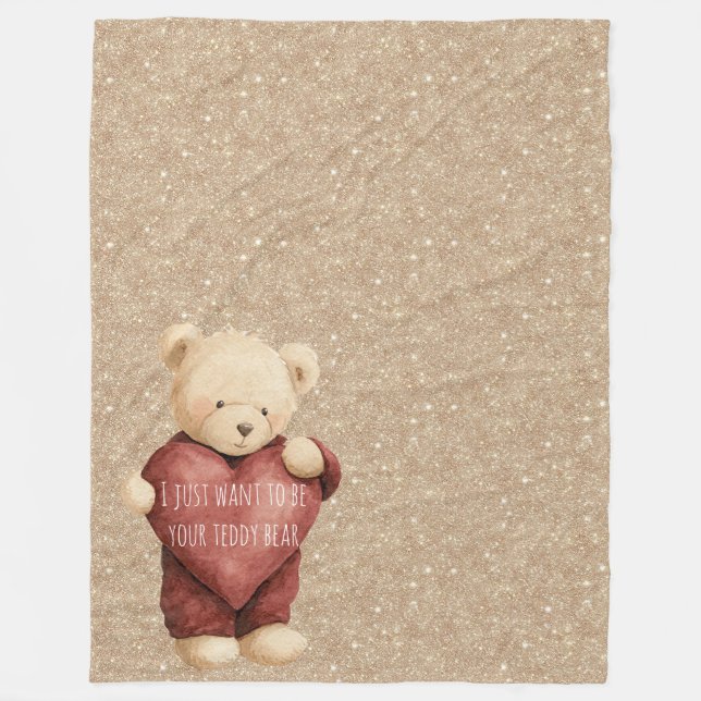 Cobertor De Velo Teddy Bear Red Heart Gold Glitter (Frente)