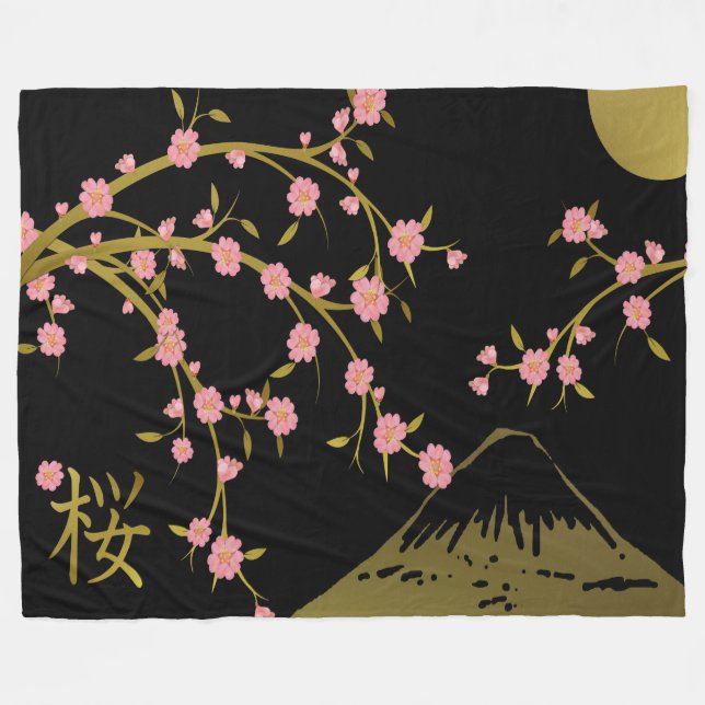 Cobertor De Velo Tela Japonesa Rosa Sakura Dourado Preto (Frente (Horizontal))