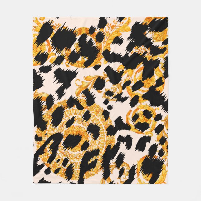 Cobertor De Velo Textura leopardo com padrão barroco-ouro (Frente)