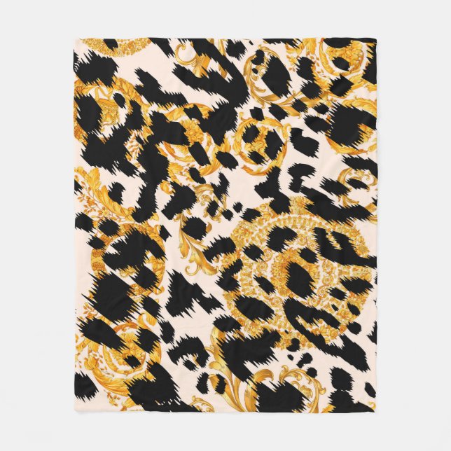 Cobertor De Velo Textura leopardo: padrão barroco-ouro. (Frente)