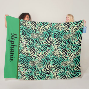 Cobertor De Velo Tigre e zebra impressos verdes e em caracteres cas