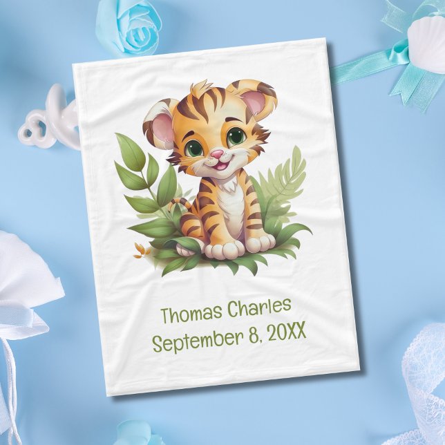 Cobertor De Velo Tigre Personalizado Selva Safari Baby Blanket (Tiger Jungle Safari Baby Blanket. Personalize it with babies name and birthday. )