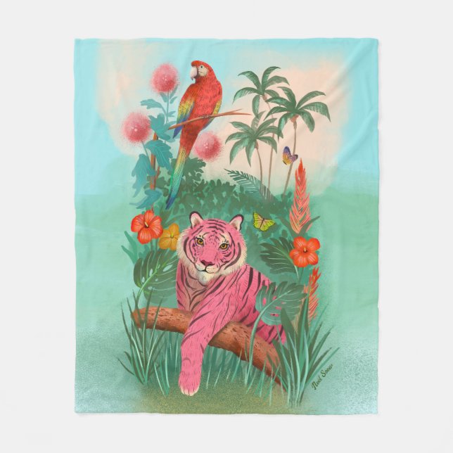 Cobertor De Velo Tigre rosa e selva tropical de papagaio (Frente)