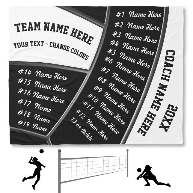 Cobertor De Velo Todos os jogadores Black White Treinador de Voleib (Volleyball Coach Gift, with ALL Players Names. Personalized volleyball coach gifts. Senior Night.)