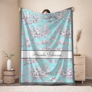 Cobertor De Velo Toile De Jouy Floral Azul Água Vintage