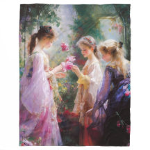 Três garotas brincando num jardim