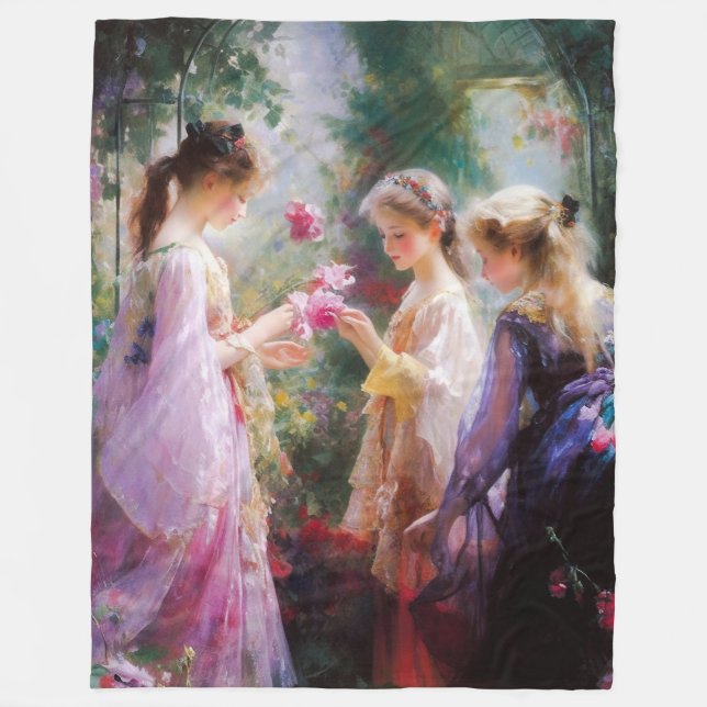 Cobertor De Velo Três garotas brincando num jardim (Frente)