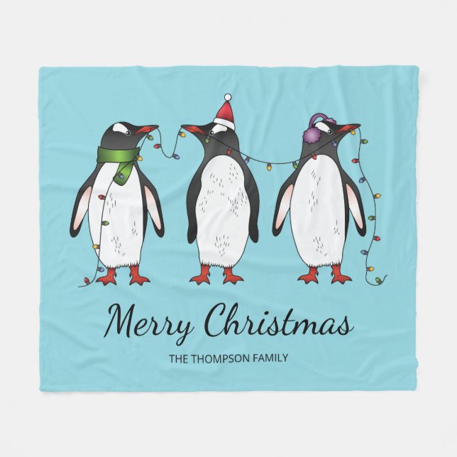 Cobertor De Velo Três Pinguins Festivos de Natal Com Texto Personal (Frente (Horizontal))