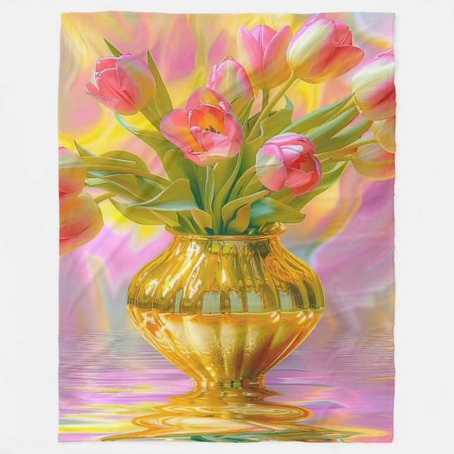Cobertor De Velo Tulipas Rosa Vibrantes em Vase Ouro (Frente)