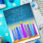 Cobertor De Velo Turquesa Hanukkah vela paz amor moderno<br><div class="desc">"Paz, amor e luz." Uma ilustração lúdica, moderna e artística das velas de padrão de feto em uma menorah ajuda você a lançar no feriado de Chanucá. Velas azuis cortadas com padrões de folha de alumínio coloridos cobrem um gradiente de turquesa a fundo branco. Sinta o calor e a alegria...</div>