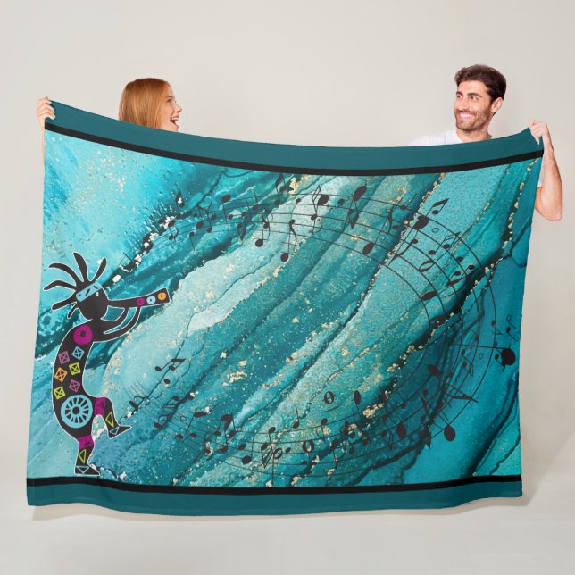 Cobertor De Velo Turquoise Music Notes Kokopelli Fleece Blanket (In Situ)