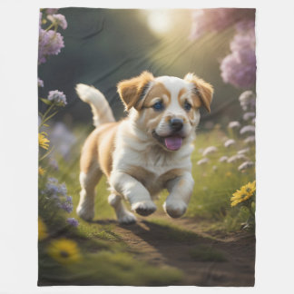 Cobertor De Velo Um filhote correndo num caminho na natureza com fl