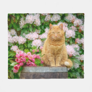 Cobertor De Velo Um Gato Laranja num Jardim com Flores de Mola Rosa